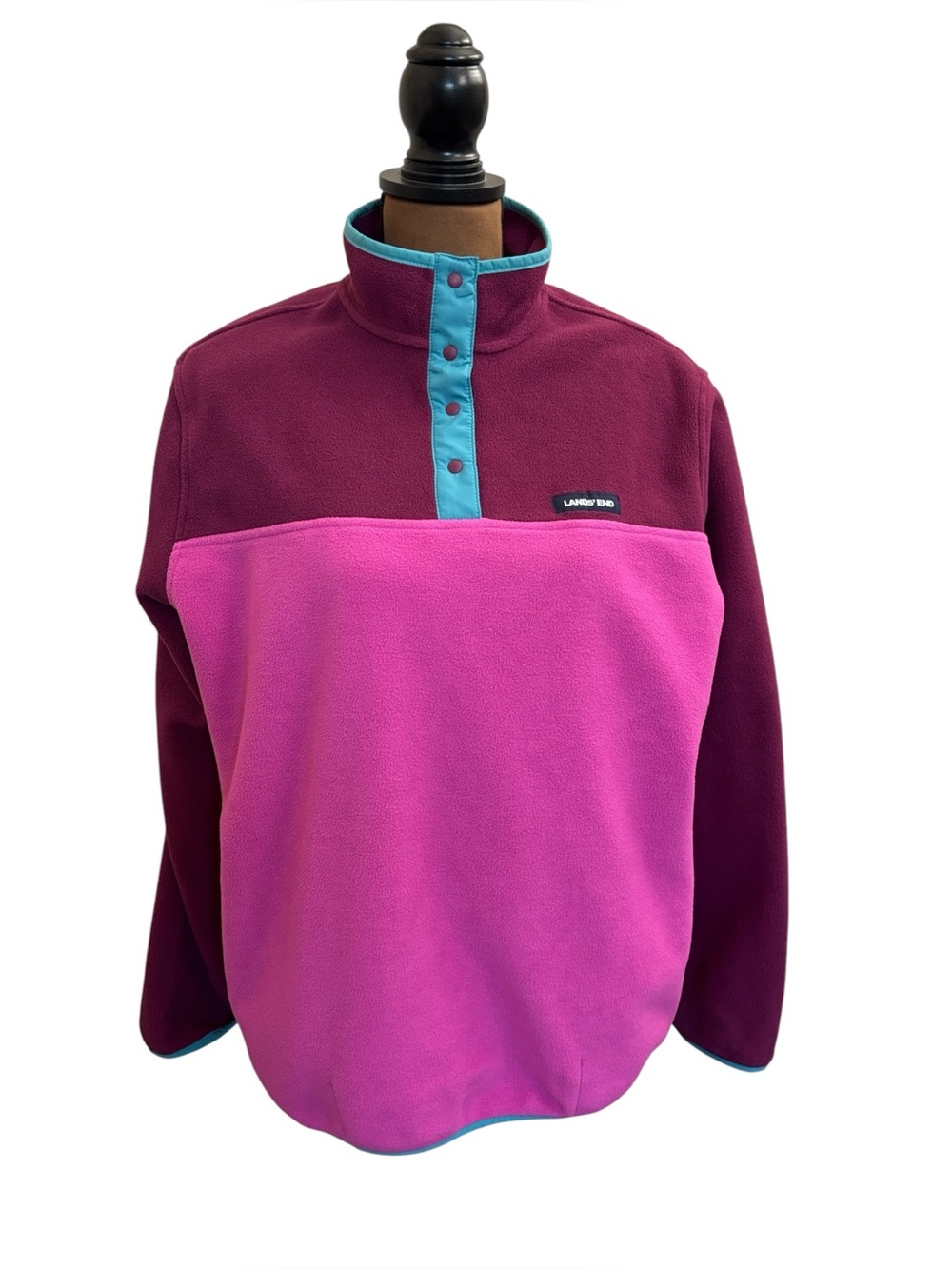 Lands End Fleece Color Block Heritage Snap Neck Pullover Jacket Pink Teal XL